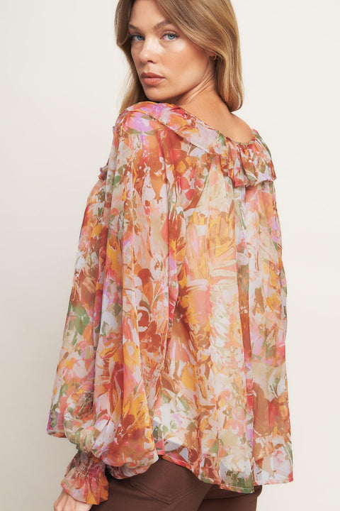 SOFT FLORAL RUST WOVEN TOP
