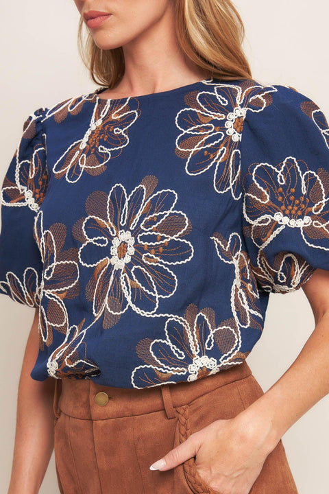 RETRO BLOOM PUFF SLEEVE WOVEN TOP