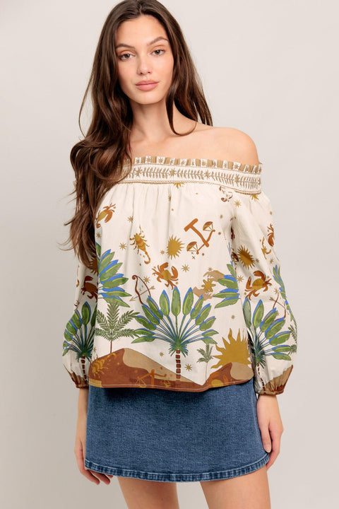 SUNLIT GARDEN WOVEN OFF SHOULDER TOP