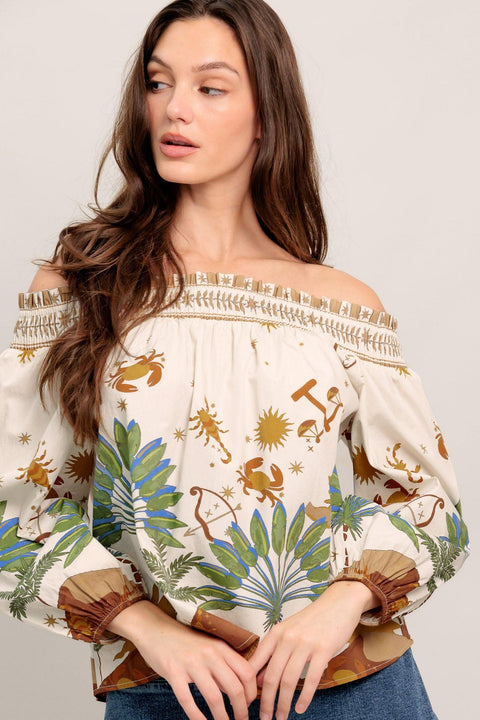 SUNLIT GARDEN WOVEN OFF SHOULDER TOP