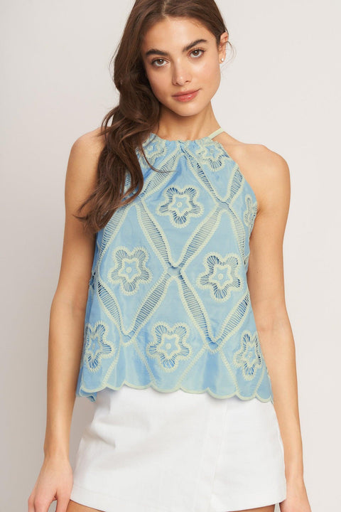 SKY LACE SUMMER HALTER WOVEN TOP