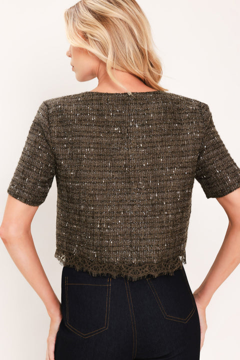DARK CHAMPAGNE SPARK WOVEN TWEED TOP