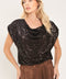 BRONZE GLOW BROWN SEQUIN COWL-NECK DOLMAN TOP