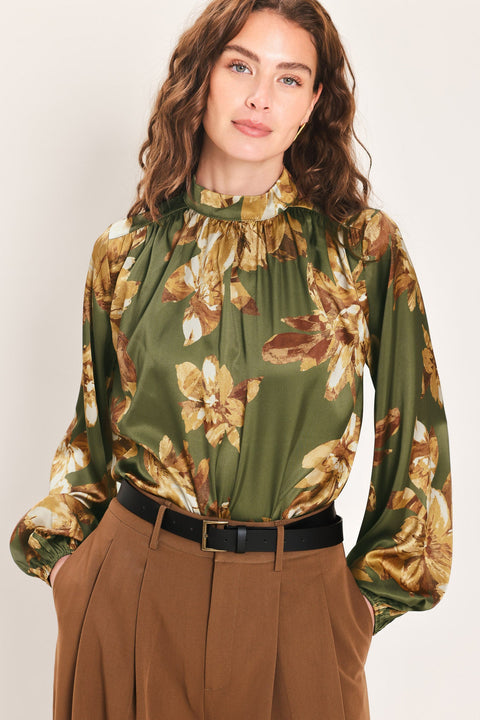 OLIVE ALLURE PRINTED HIGH-NECK BLOUSON-SLEEVE TOP