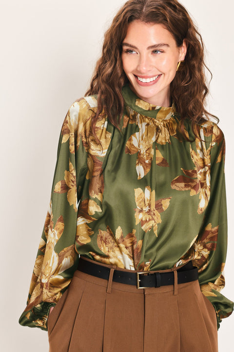OLIVE ALLURE PRINTED HIGH-NECK BLOUSON-SLEEVE TOP