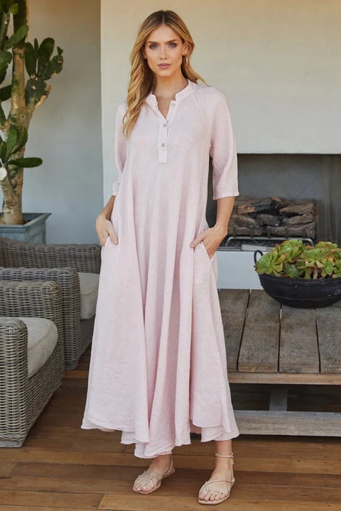 Italian Linen 3/4 Sleeve Maxi Dress - Blush Pink