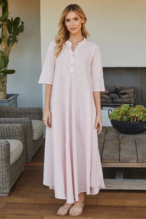 Italian Linen 3/4 Sleeve Maxi Dress - Blush Pink