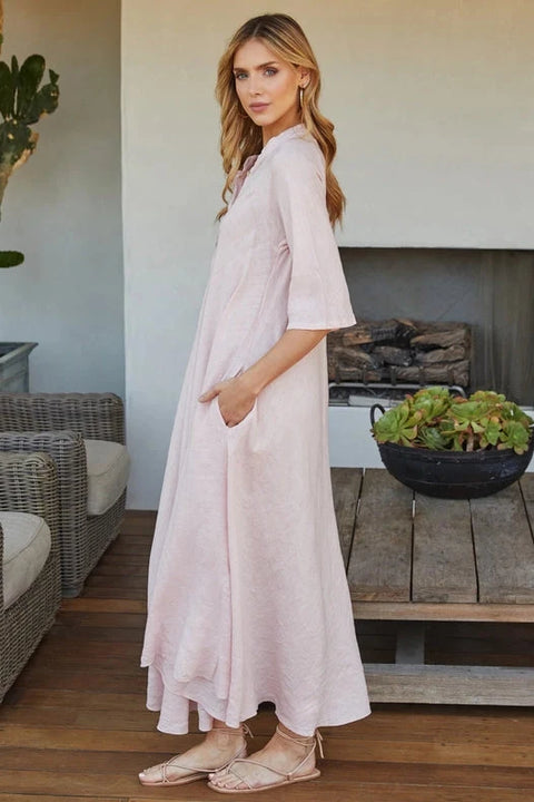 Italian Linen 3/4 Sleeve Maxi Dress - Blush Pink