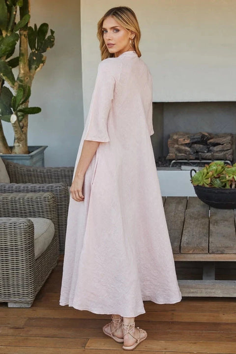 Italian Linen 3/4 Sleeve Maxi Dress - Blush Pink