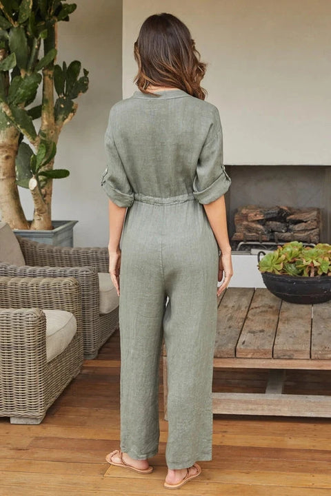 Italian Linen Long Sleeve Jumpsuit - Army Green