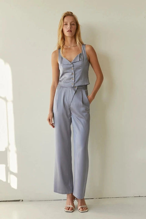 Ivanna Square Neck Satin Button Up with Flap Detail LIGHT BLUE