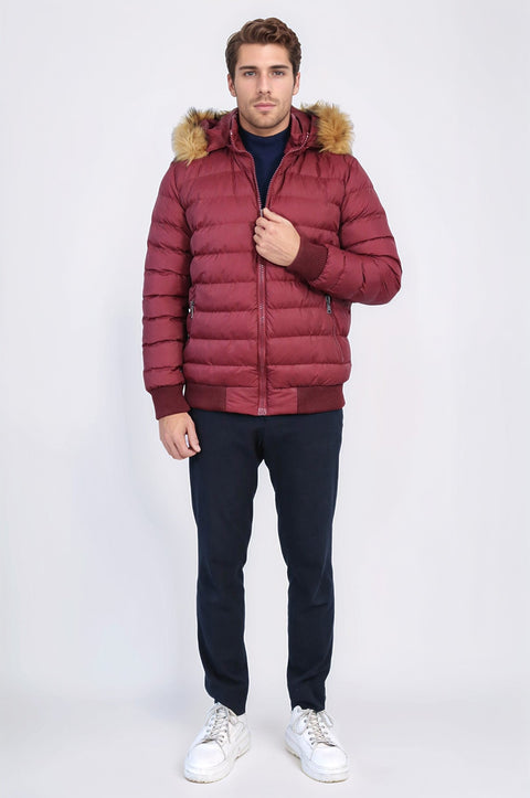 Fur Hooded Burgundy Men Down Coat - Wessi