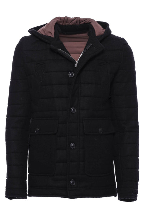 Bag Pocket Felt Hooded 4 Pocket Black Coat-Wessi