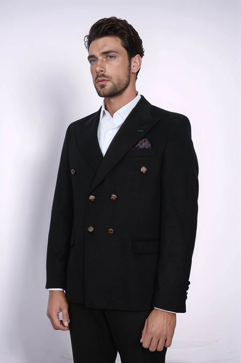 Mens Double Breasted Slim Fit Black Blazer - Wessi