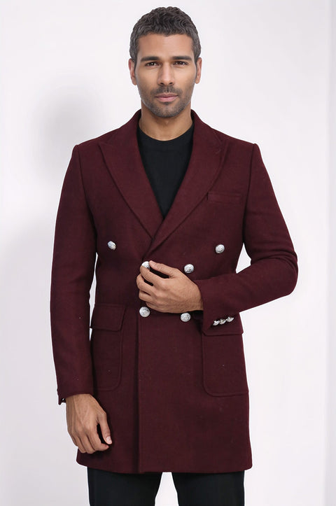 Metal Buttoned Double Breasted Burgundy Men Long Coat - Wessi