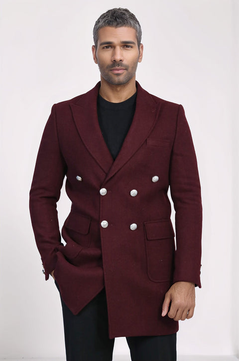 Metal Buttoned Double Breasted Burgundy Men Long Coat - Wessi