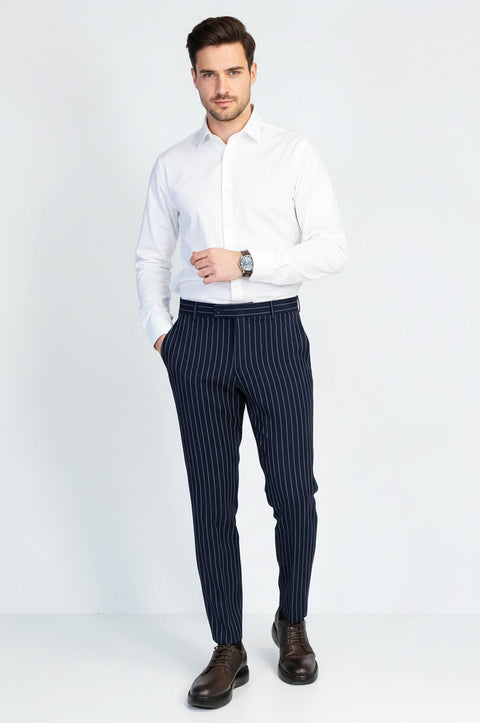 Navy Blue White Pinstripe Slim Fit Dress Trousers – Wessi
