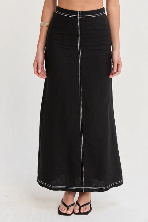 Kenzy Contrast Stitch Linen Maxi Skirt Black