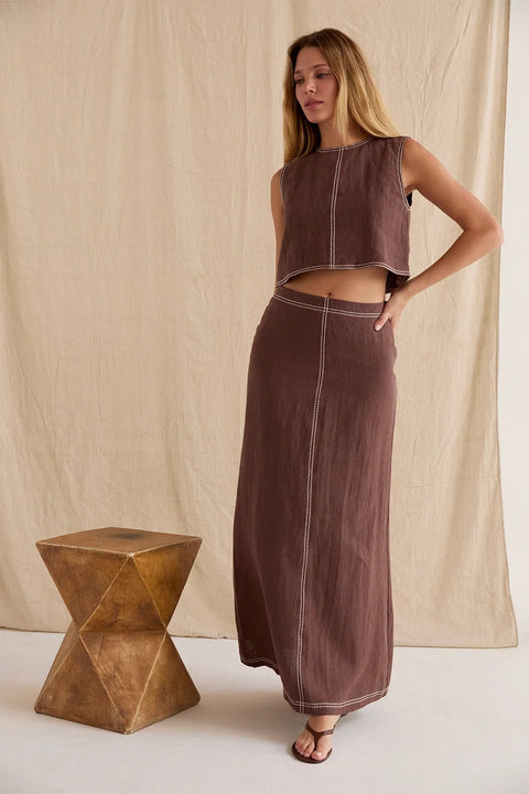Kenzy Contrast Stitch Linen Maxi Skirt Brown