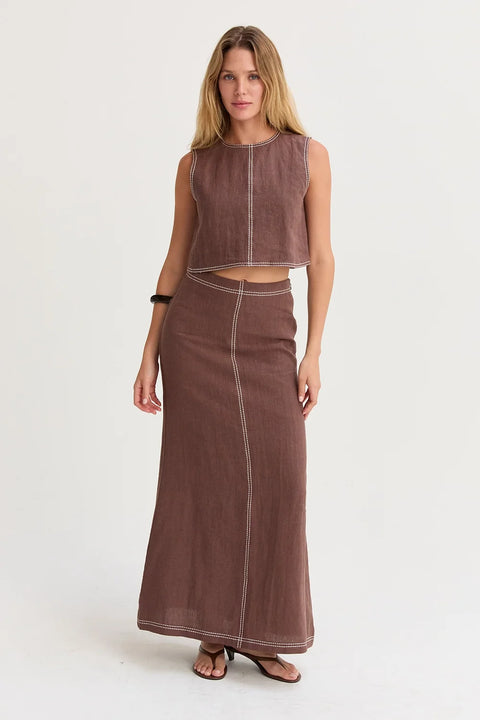 Kenzy Contrast Stitch Linen Maxi Skirt Brown