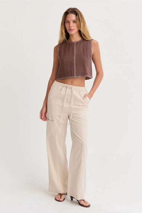 Kiara Contrast Stitch Linen Crop Top Brown