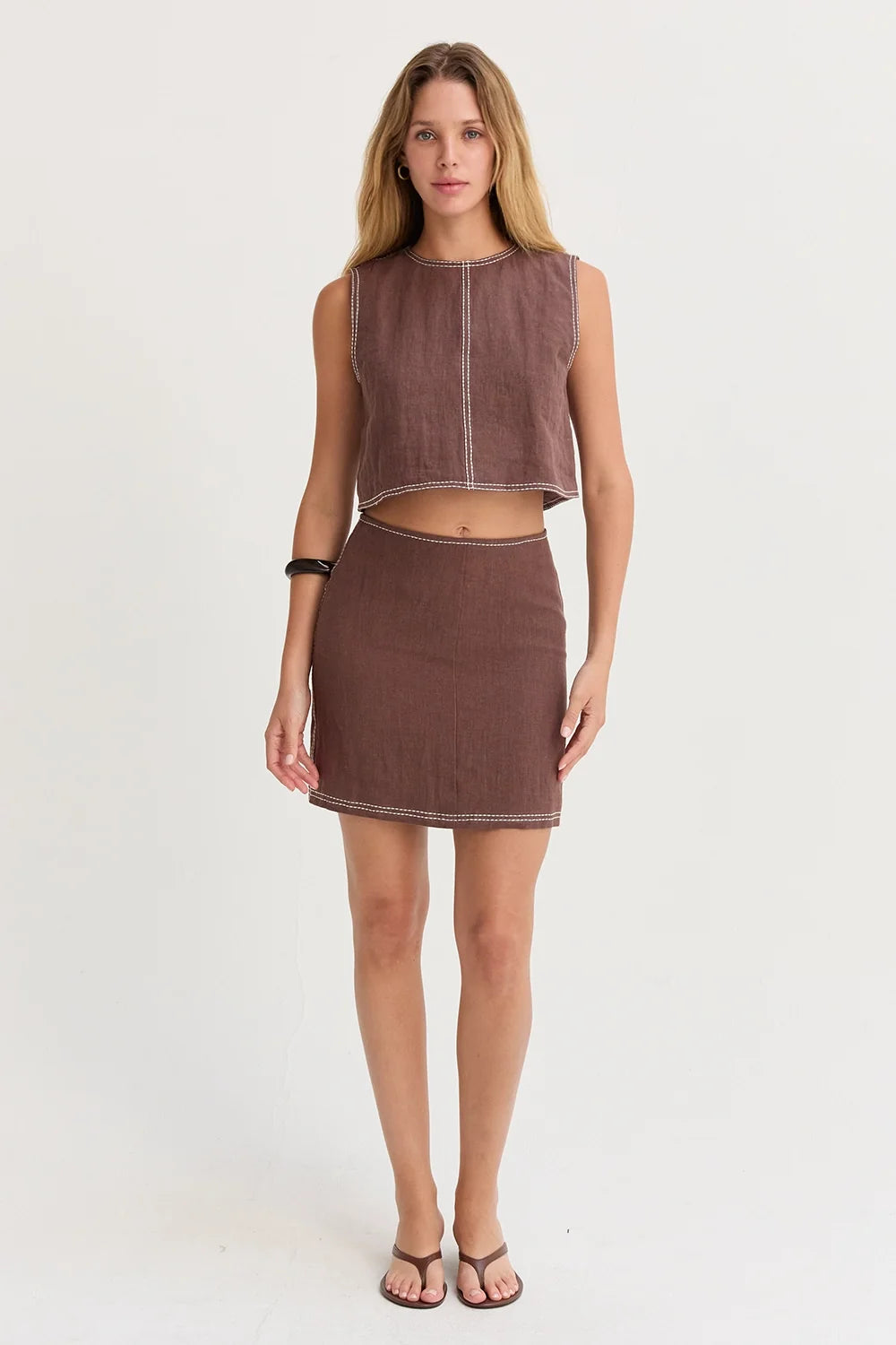 Kiara Contrast Stitch Linen Crop Top Brown