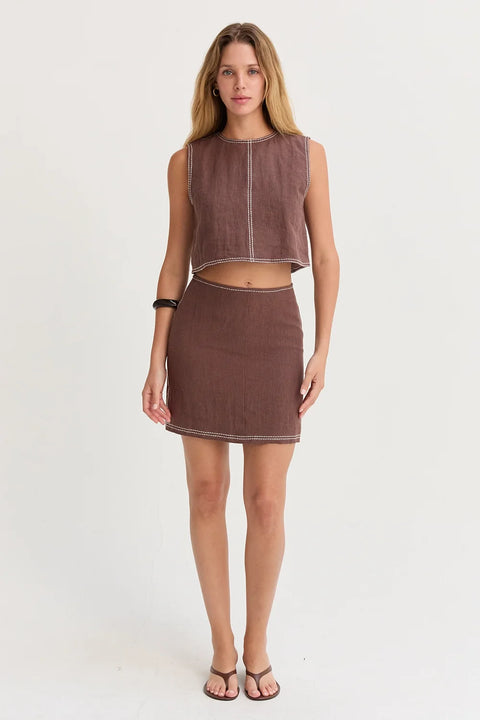 Kiara Contrast Stitch Linen Crop Top Brown