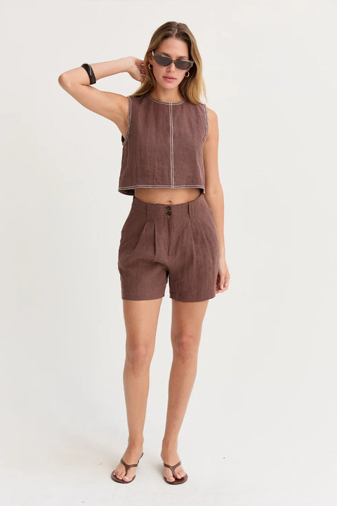 Kiara Contrast Stitch Linen Crop Top Brown
