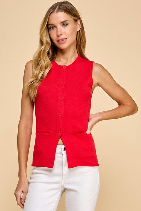 Knit Button Up Front Pockets Vest