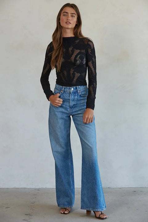 Knit Seamless Jacquard Mock Neck Long Sleeve Top - Black