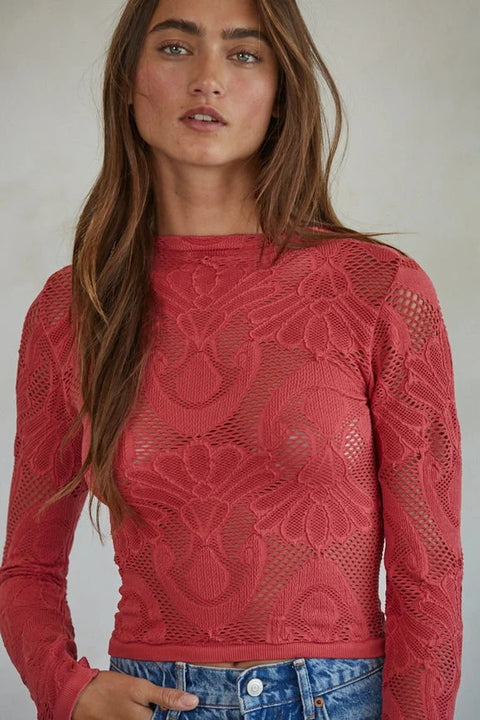 Knit Seamless Jacquard Mock Neck Long Sleeve Top - Crimson