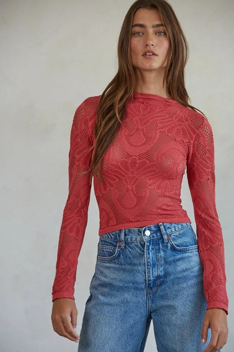 Knit Seamless Jacquard Mock Neck Long Sleeve Top - Crimson