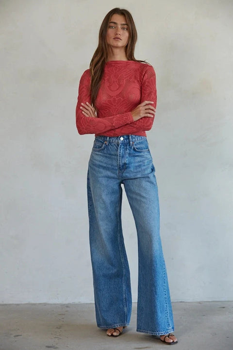 Knit Seamless Jacquard Mock Neck Long Sleeve Top - Crimson