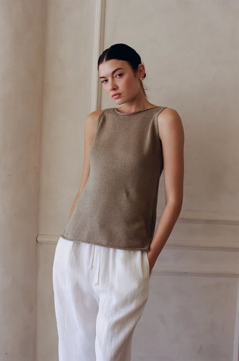 Knit Sweater Ramie Cotton See Through Tank Top Moss