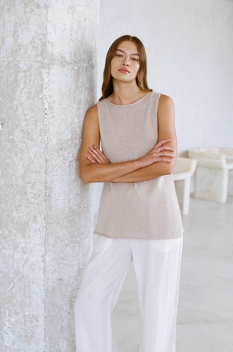 Knit Sweater Ramie Cotton See Through Tank Top Natural