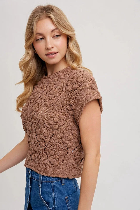 Knit Sweater Short Sleeved Pullover - MOCHA