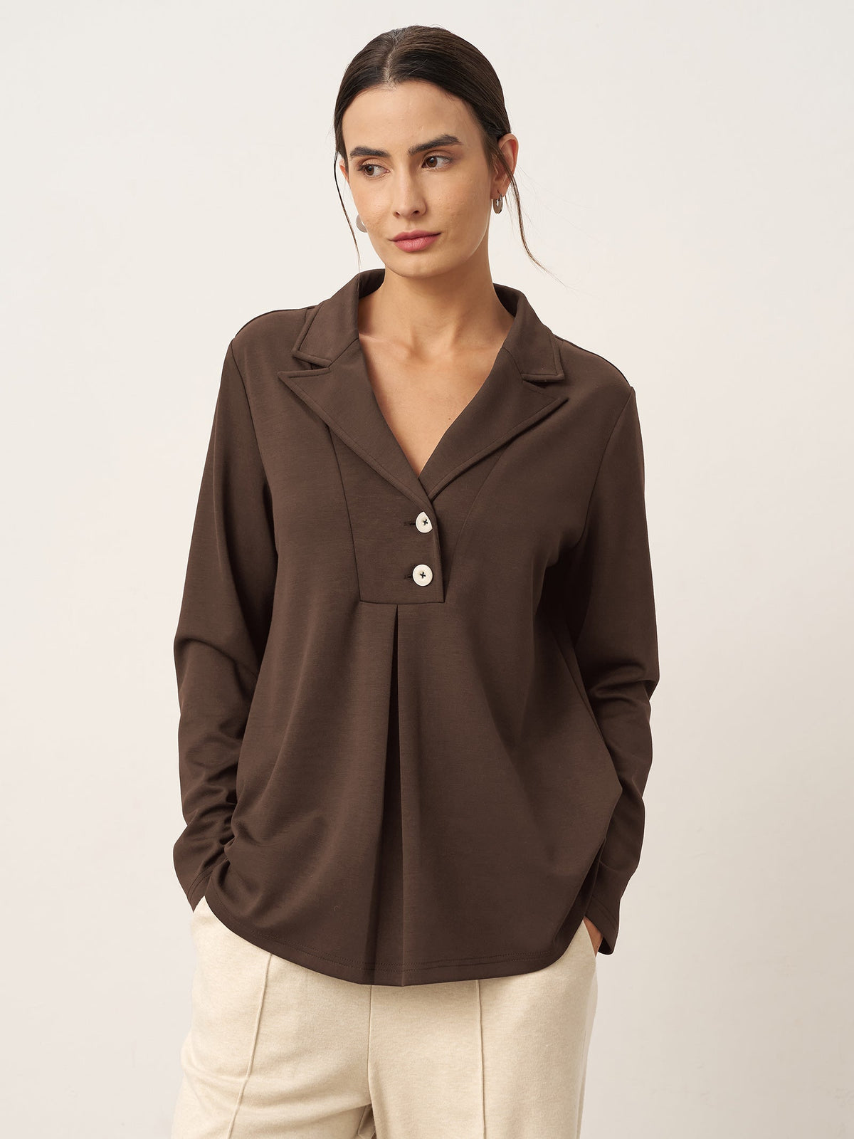 Notched Pleat Long-Sleeve Top JUNE