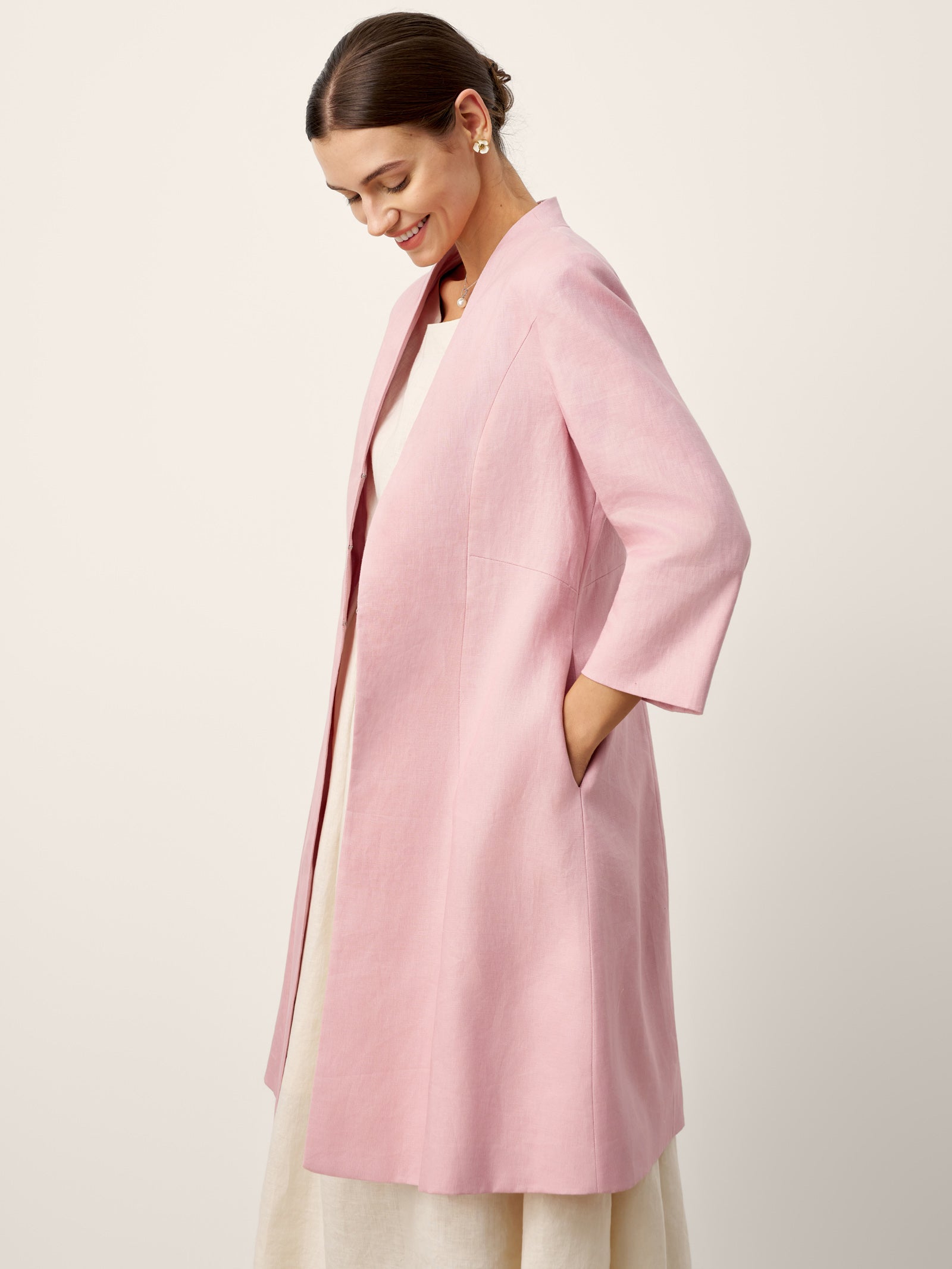 100% Linen Sculpted Waist V-neck Longline Jacket Top AZURA