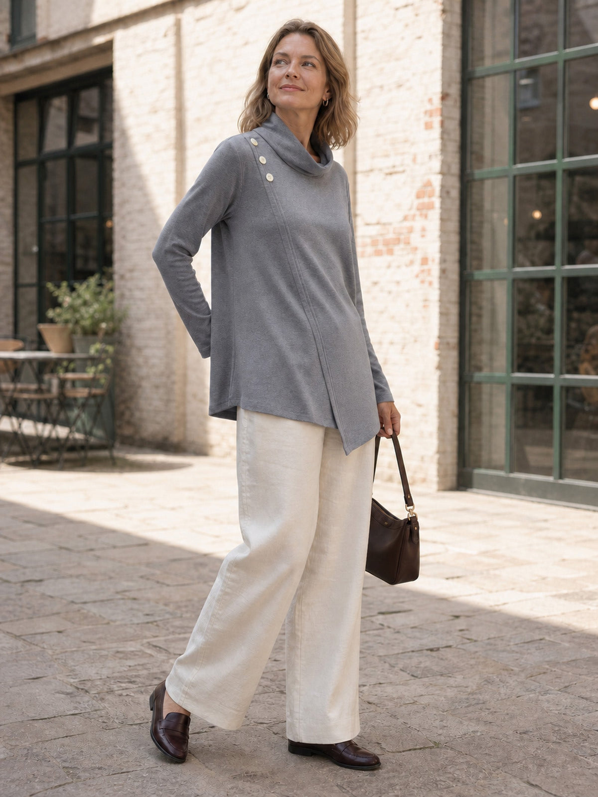Mock Neck Buttoned Stretch Top ZARIA