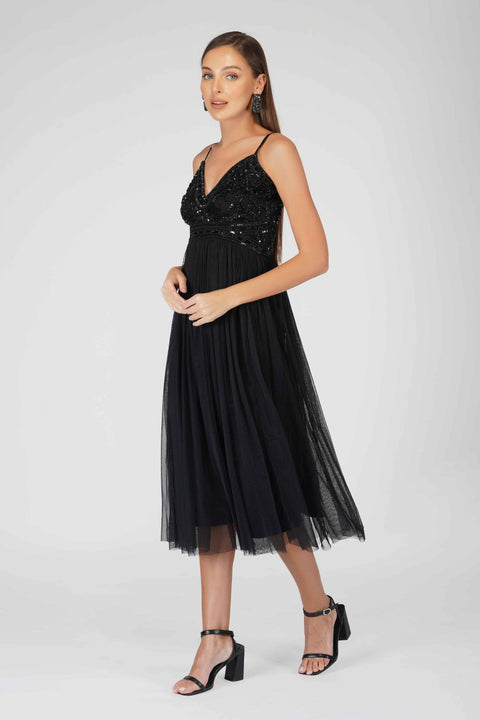 Lace & Beads - Ruhi Embellished Midi Dress in Black