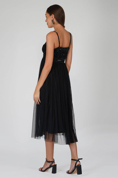 Lace & Beads - Ruhi Embellished Midi Dress in Black