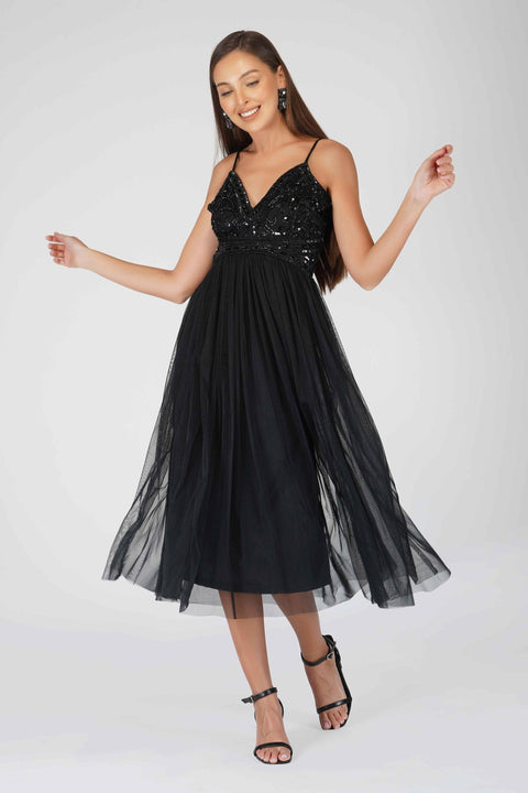 Lace & Beads - Ruhi Embellished Midi Dress in Black