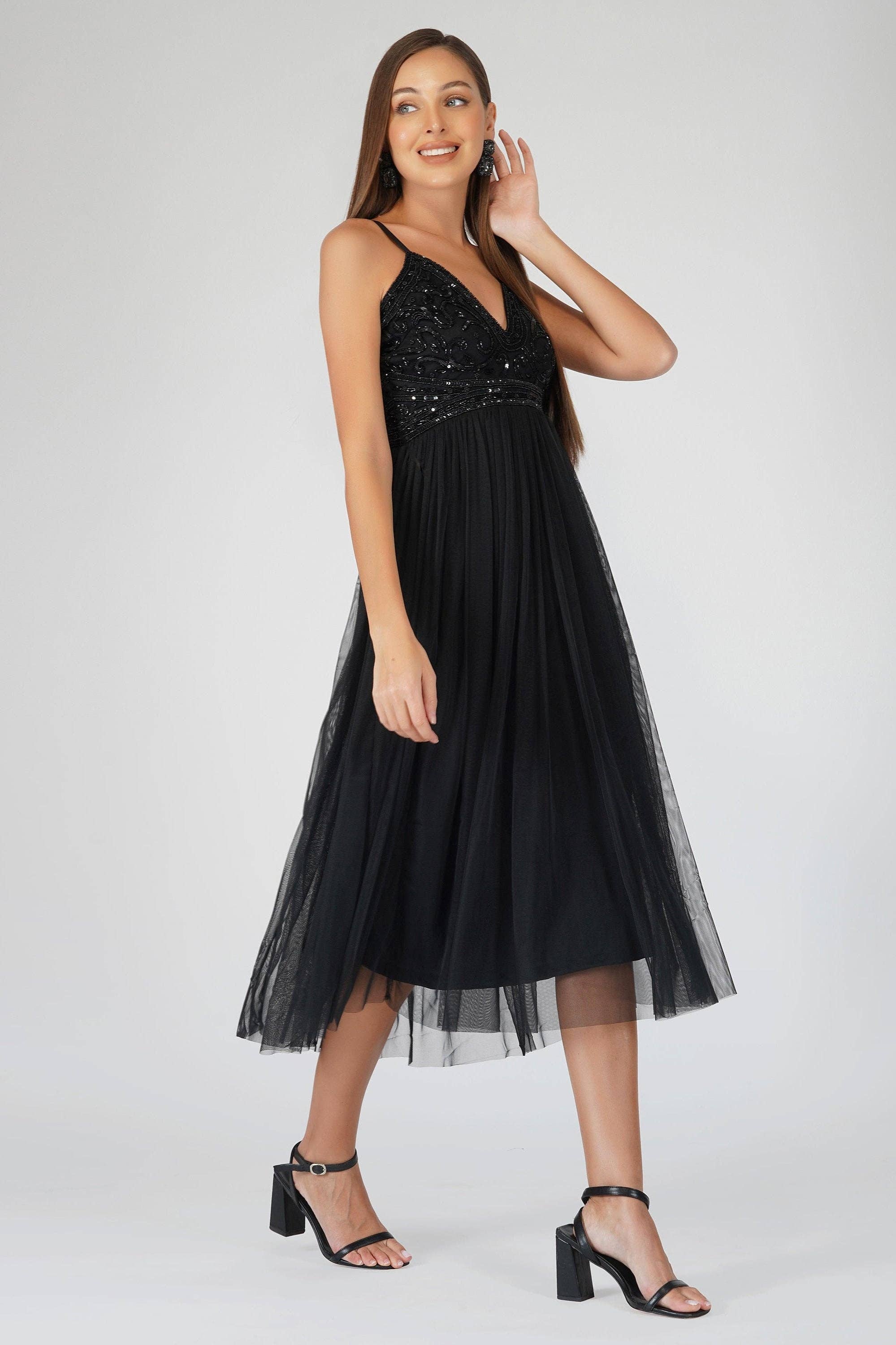 Lace & Beads - Ruhi Embellished Midi Dress in Black