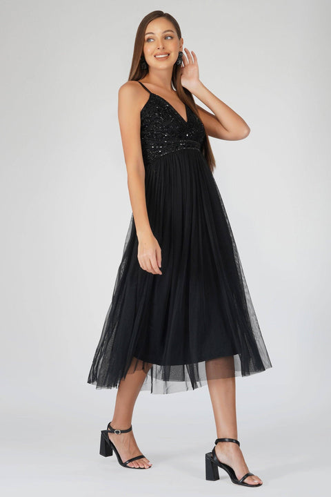 Lace & Beads - Ruhi Embellished Midi Dress in Black