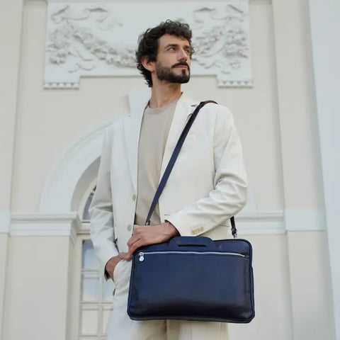 Leather Briefcase Laptop Bag - Brave New World Blue