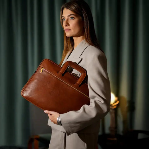 Leather Briefcase Laptop Bag - Brave New World Cognac