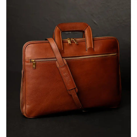 Leather Briefcase Laptop Bag - Brave New World Cognac