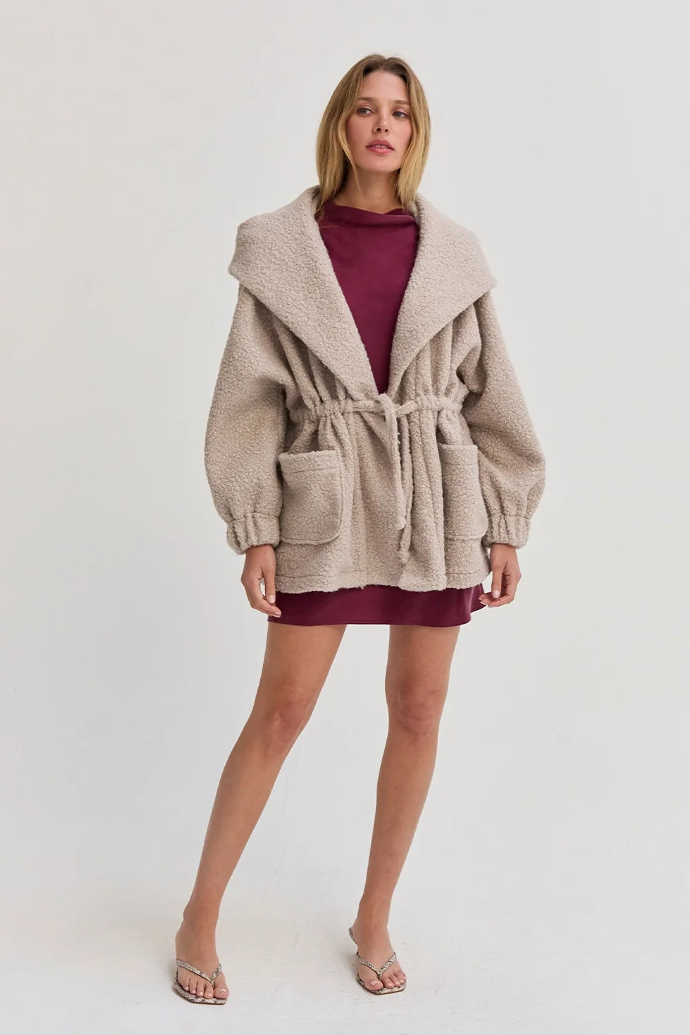 Lenny Drawstring Waist Hooded Bouclé Jacket