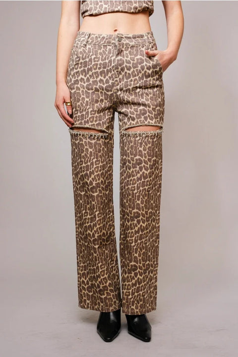 Leopard Print Rhinestone Cutout Jeans