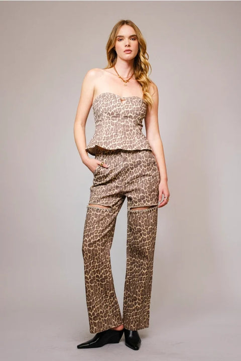 Leopard Print Rhinestone Cutout Jeans